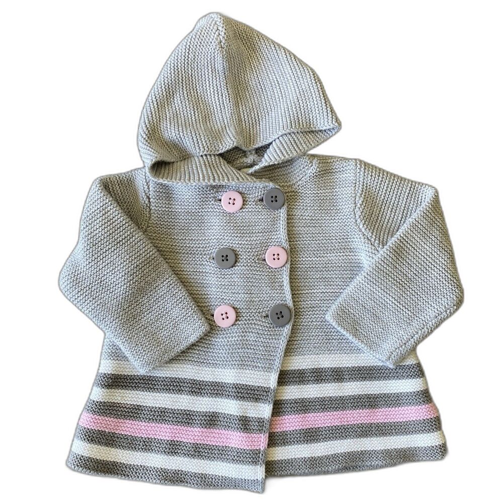 First Impressions Girls Toddler Sweater Hooded Striped Grey Pink Knitted 18 Mo